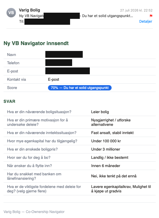 Ekte VB Navigator-innsending, personopplysninger sladdet